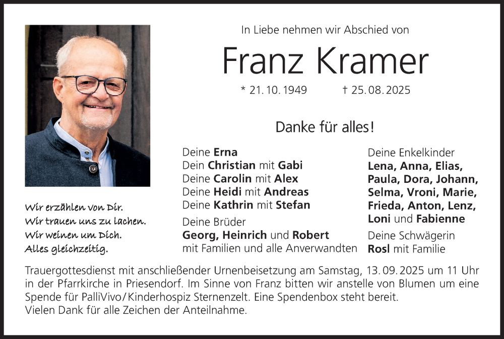  Traueranzeige für Franz Kramer vom 06.09.2025 aus MGO