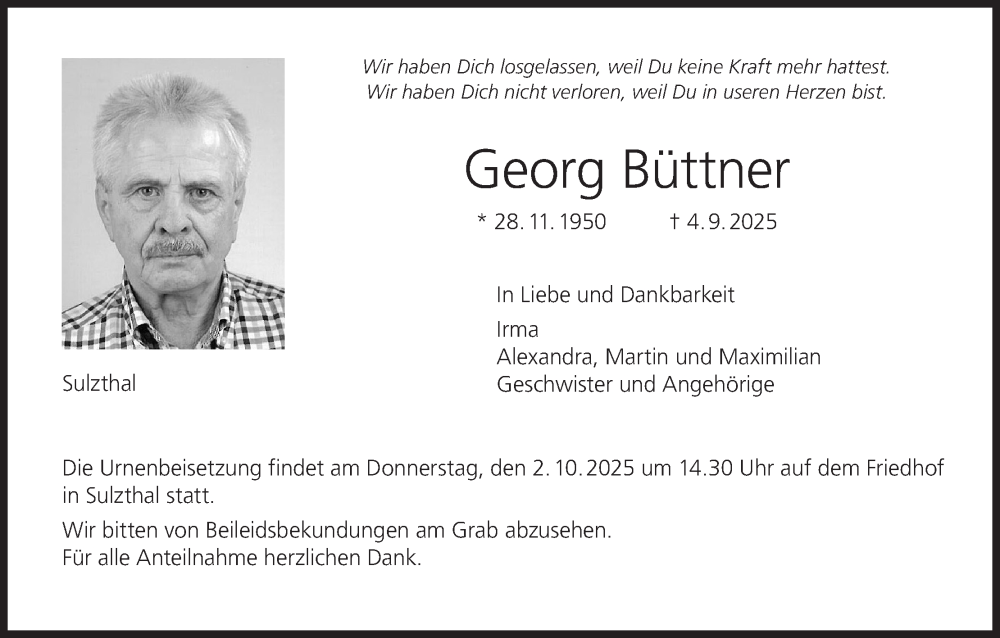  Traueranzeige für Georg Büttner vom 20.09.2025 aus MGO