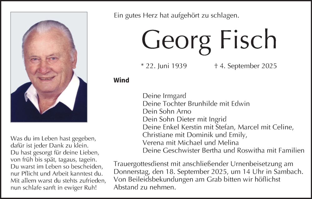  Traueranzeige für Georg Fisch vom 13.09.2025 aus MGO