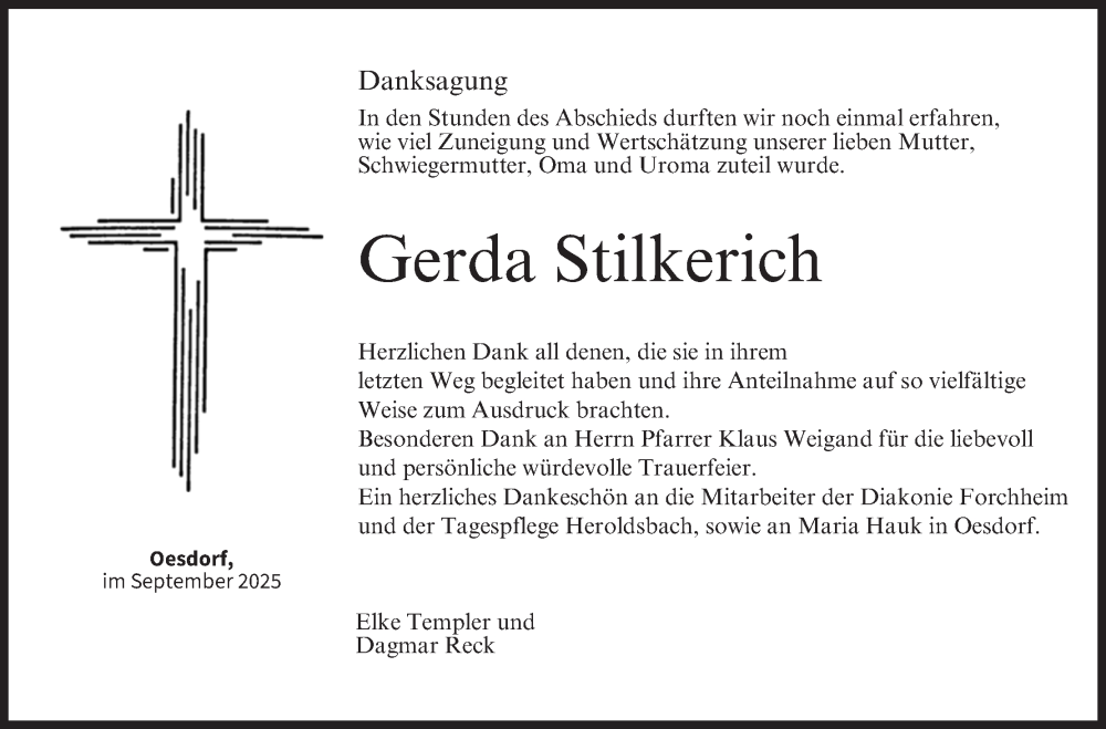  Traueranzeige für Gerda Stilkerich vom 17.09.2025 aus MGO