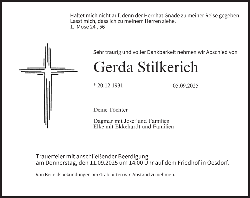  Traueranzeige für Gerda Stilkerich vom 09.09.2025 aus MGO