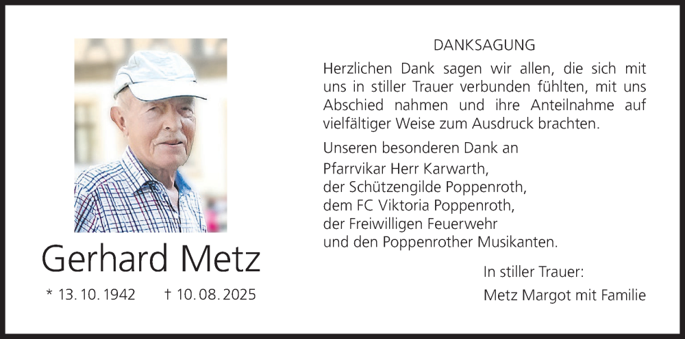  Traueranzeige für Gerhard Metz vom 13.09.2025 aus MGO