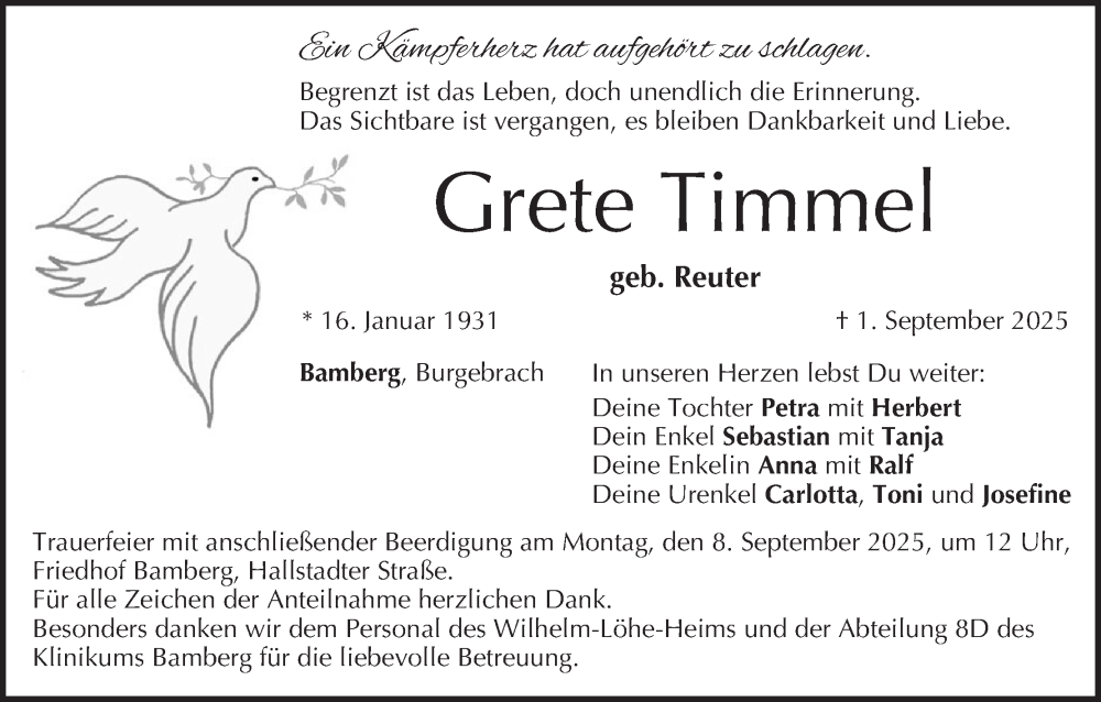  Traueranzeige für Grete Timmel vom 06.09.2025 aus MGO