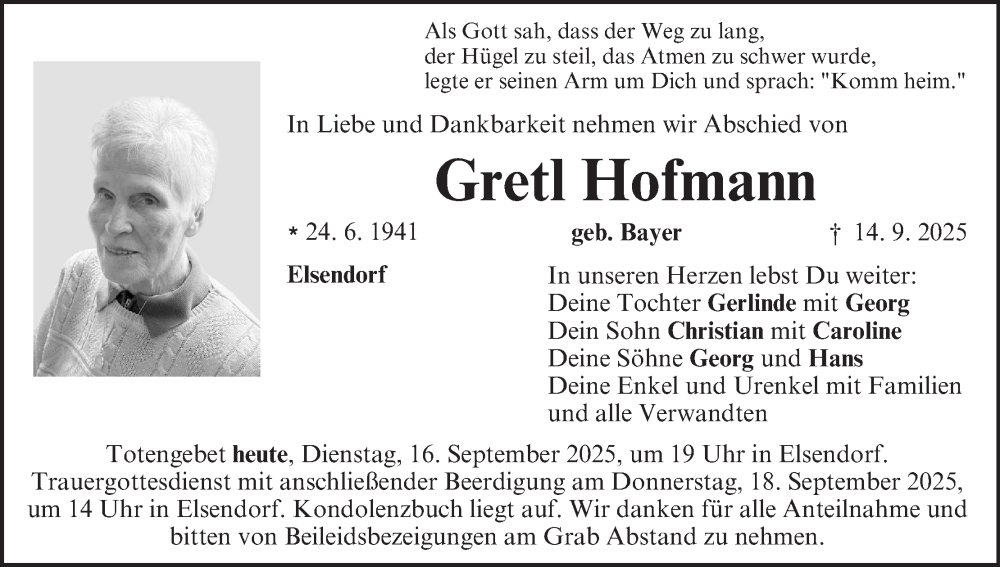  Traueranzeige für Gretl Hofmann vom 16.09.2025 aus MGO