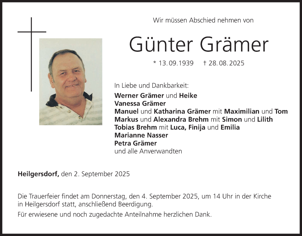  Traueranzeige für Günter Grämer vom 02.09.2025 aus MGO