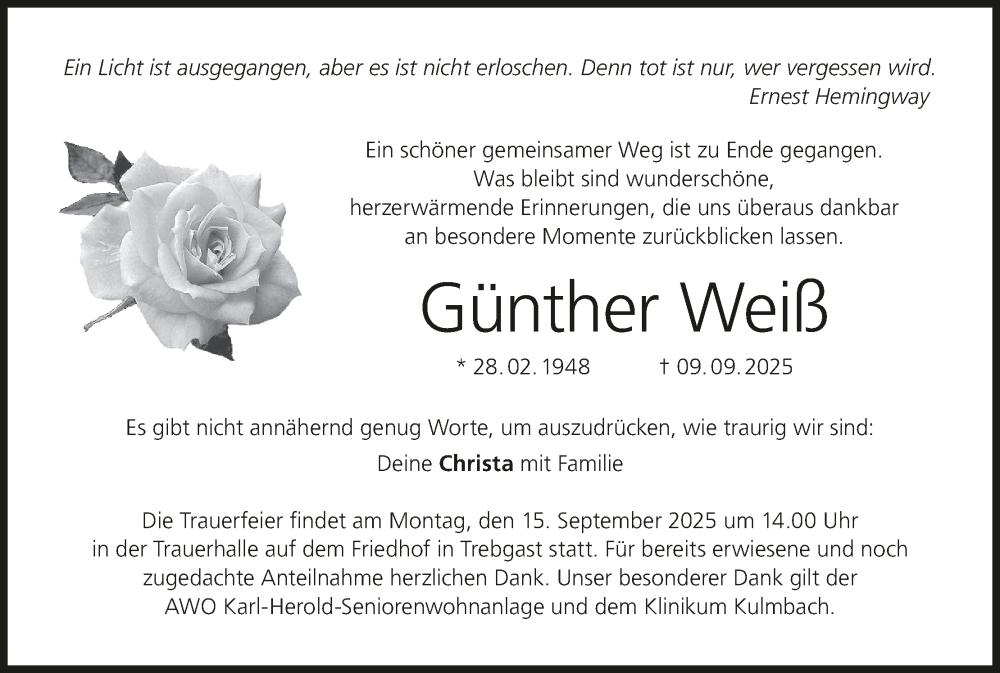  Traueranzeige für Günther Weiß vom 12.09.2025 aus MGO