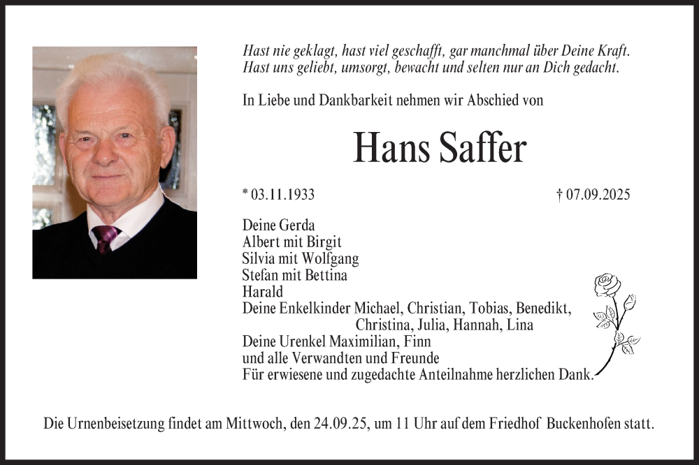  Traueranzeige für Hans Saffer vom 20.09.2025 aus MGO