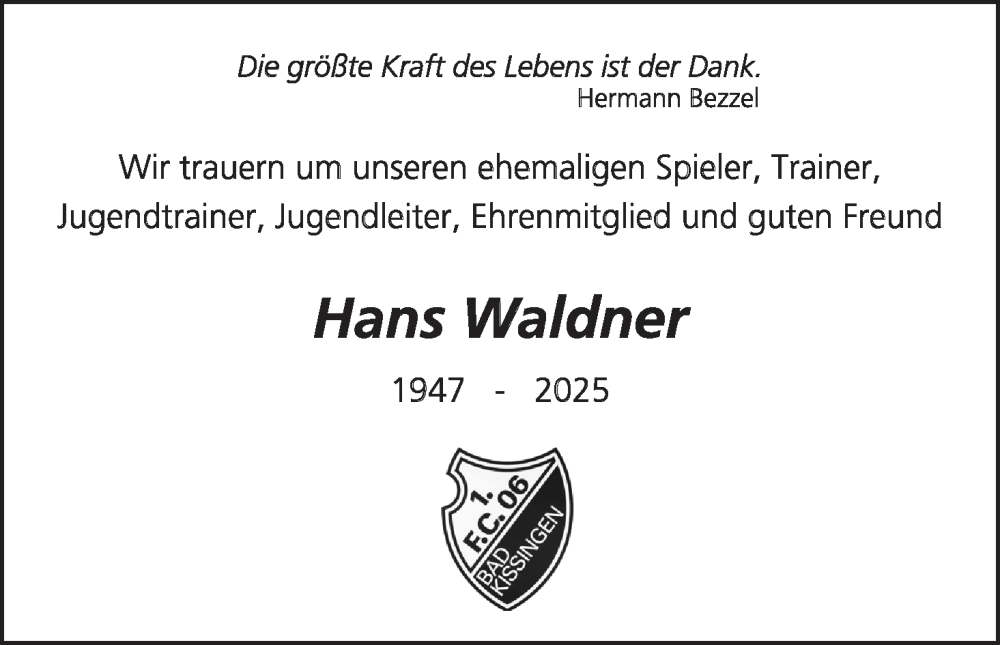  Traueranzeige für Hans Waldner vom 06.09.2025 aus MGO
