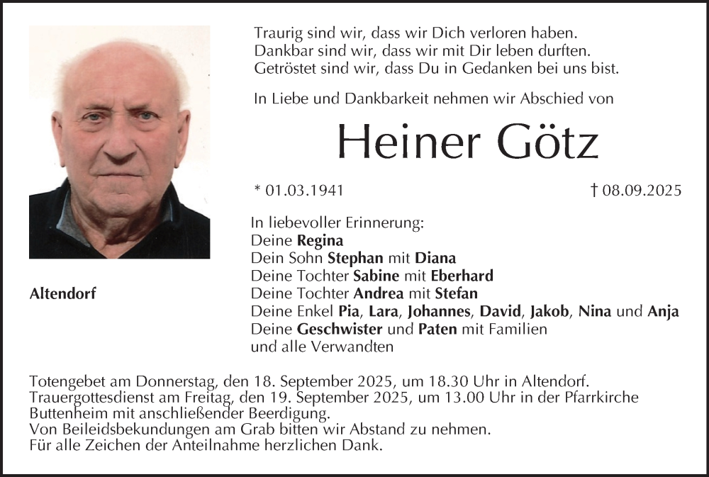  Traueranzeige für Heiner Götz vom 13.09.2025 aus MGO