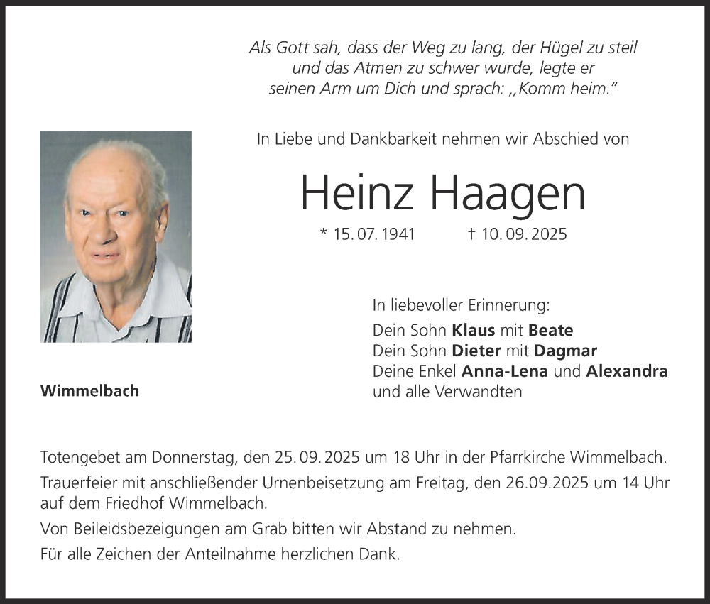  Traueranzeige für Heinz Haagen vom 20.09.2025 aus MGO