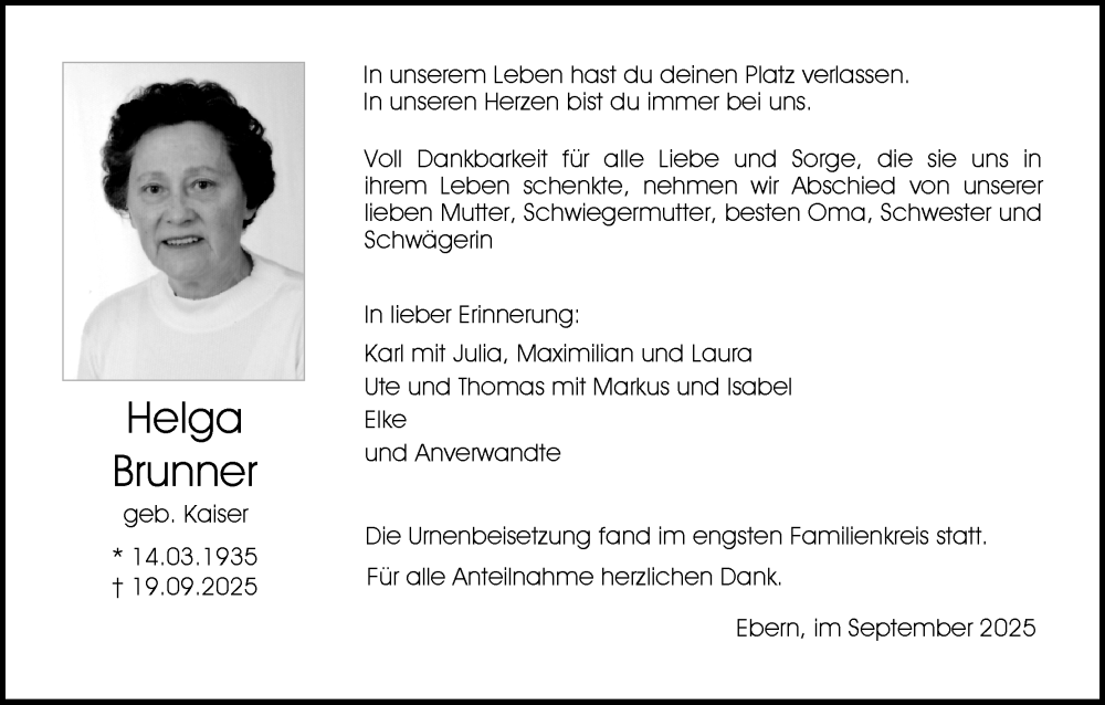  Traueranzeige für Helga Brunner vom 27.09.2025 aus MGO