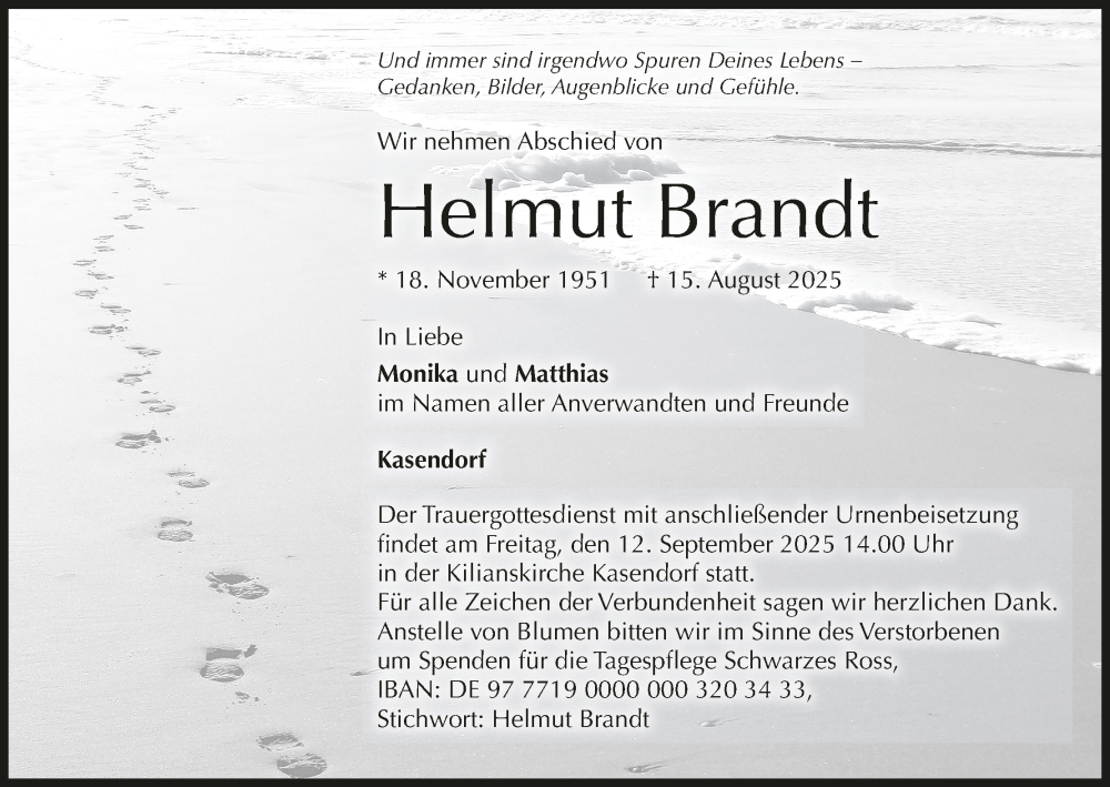  Traueranzeige für Helmut Brandt vom 06.09.2025 aus MGO