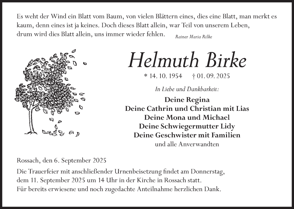  Traueranzeige für Helmuth Birke vom 06.09.2025 aus MGO