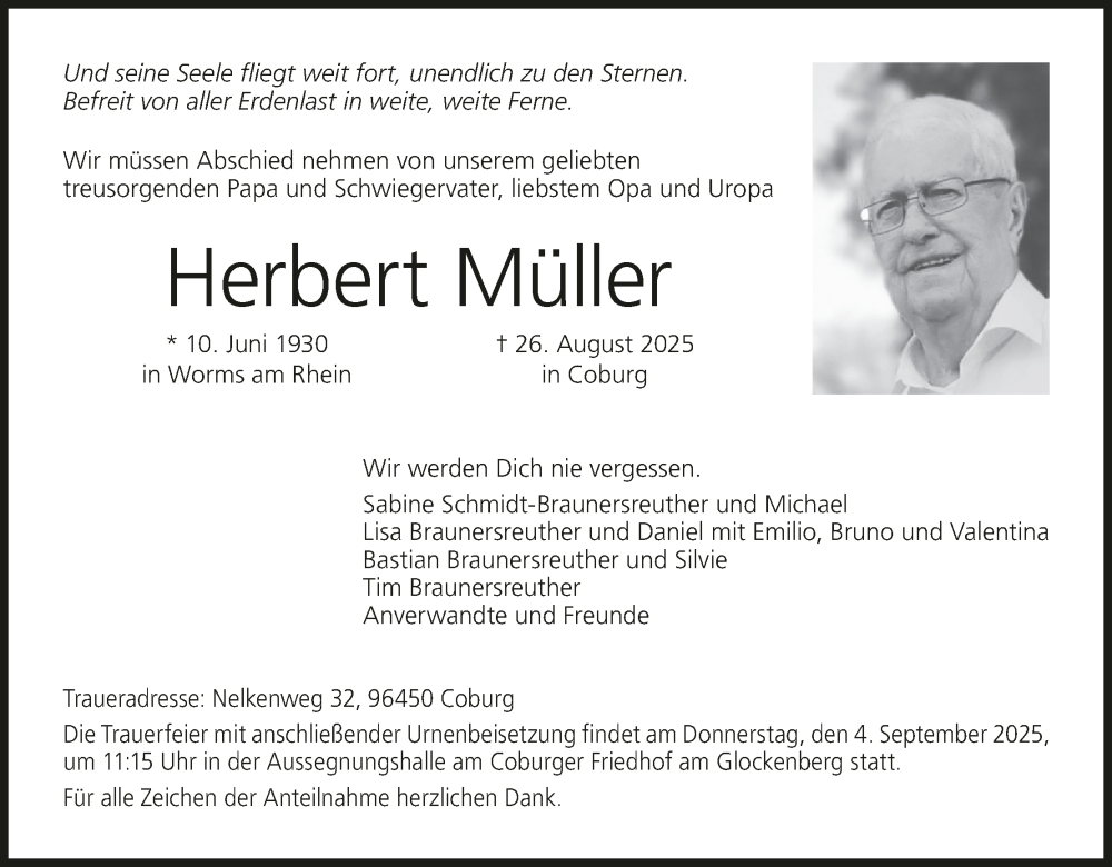  Traueranzeige für Herbert Müller vom 03.09.2025 aus MGO