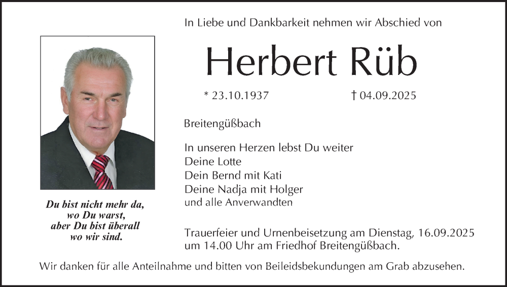  Traueranzeige für Herbert Rüb vom 13.09.2025 aus MGO