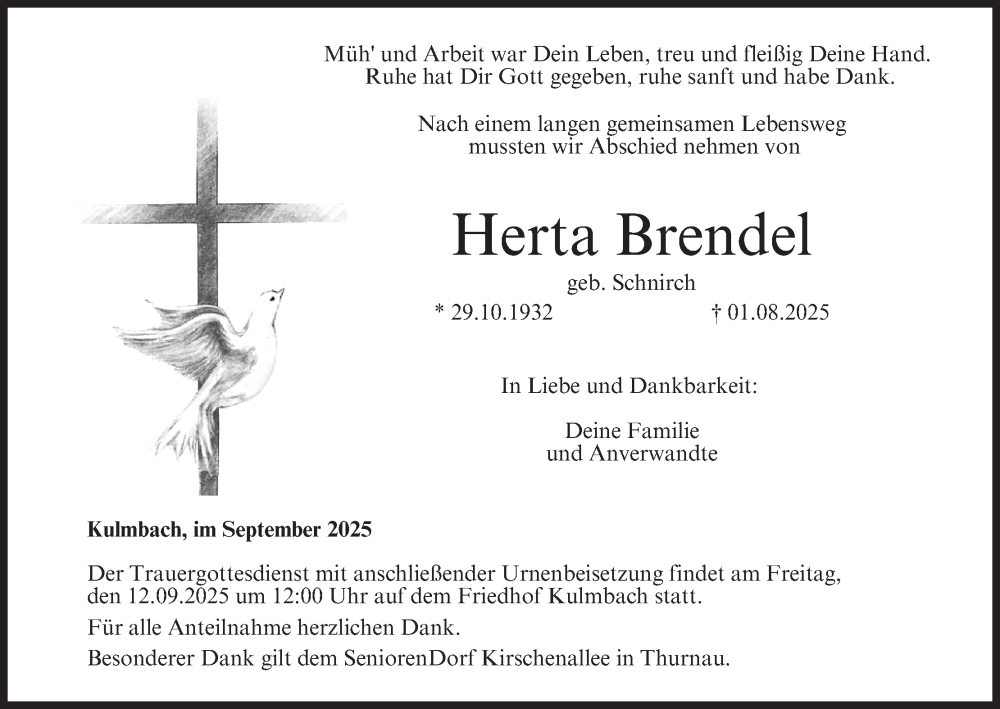  Traueranzeige für Herta Brendel vom 06.09.2025 aus MGO