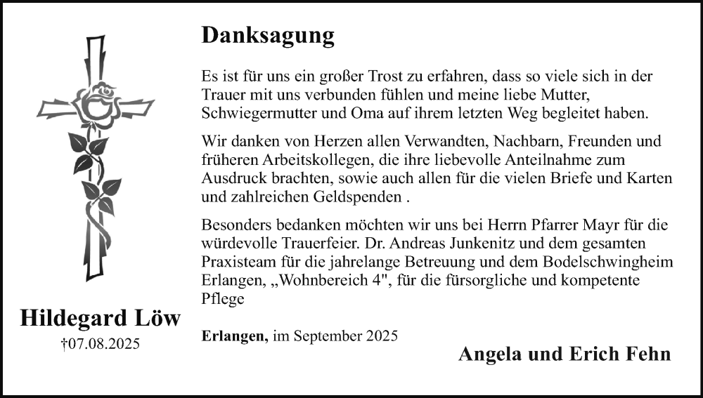  Traueranzeige für Hildegard Löw vom 13.09.2025 aus MGO