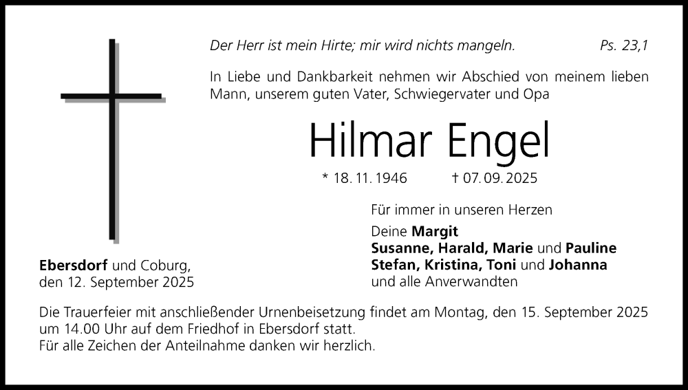  Traueranzeige für Hilmar Engel vom 12.09.2025 aus MGO