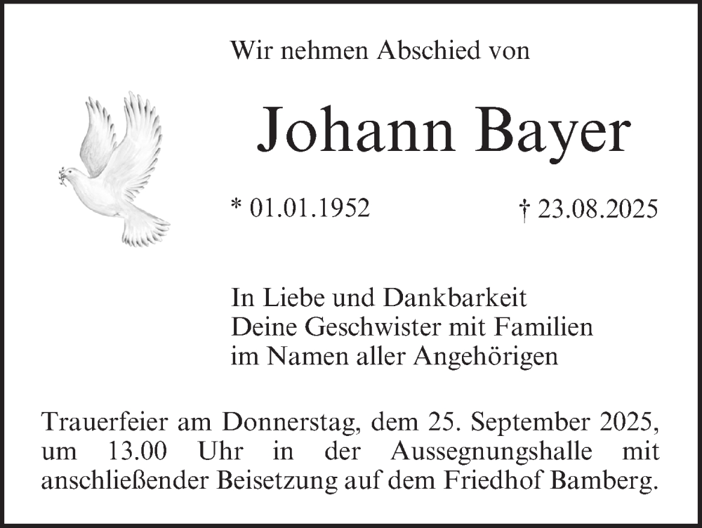  Traueranzeige für Johann Bayer vom 20.09.2025 aus MGO