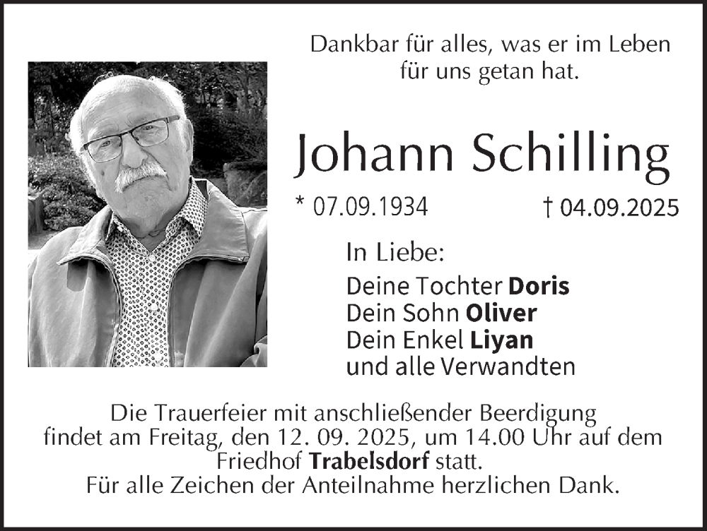  Traueranzeige für Johann Schilling vom 10.09.2025 aus MGO
