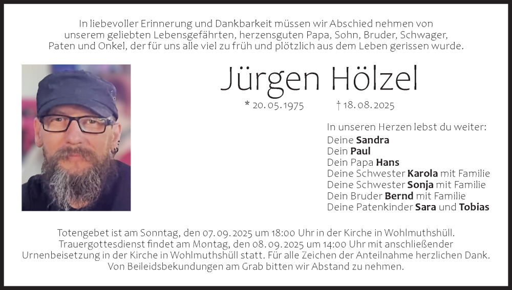  Traueranzeige für Jürgen Hölzel vom 03.09.2025 aus MGO