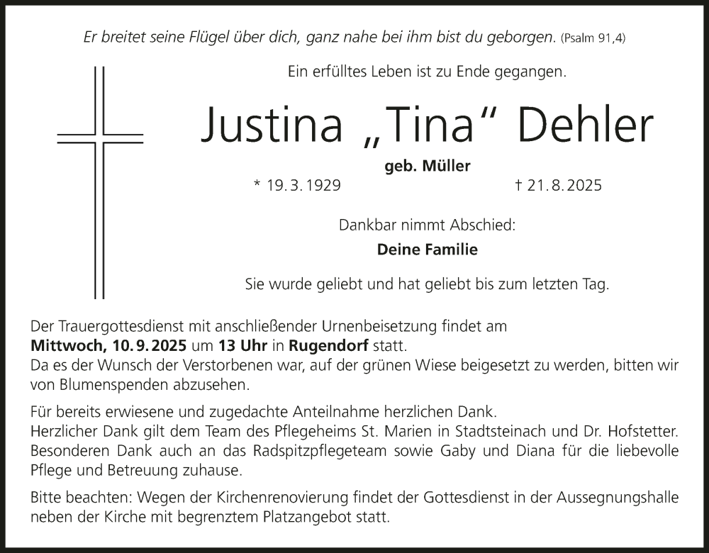  Traueranzeige für Justina Dehler vom 06.09.2025 aus MGO