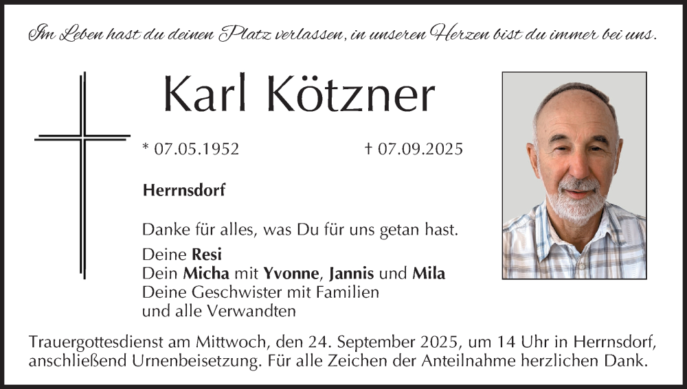  Traueranzeige für Karl Kötzner vom 20.09.2025 aus MGO