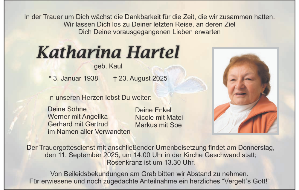  Traueranzeige für Katharina Hartel vom 06.09.2025 aus MGO