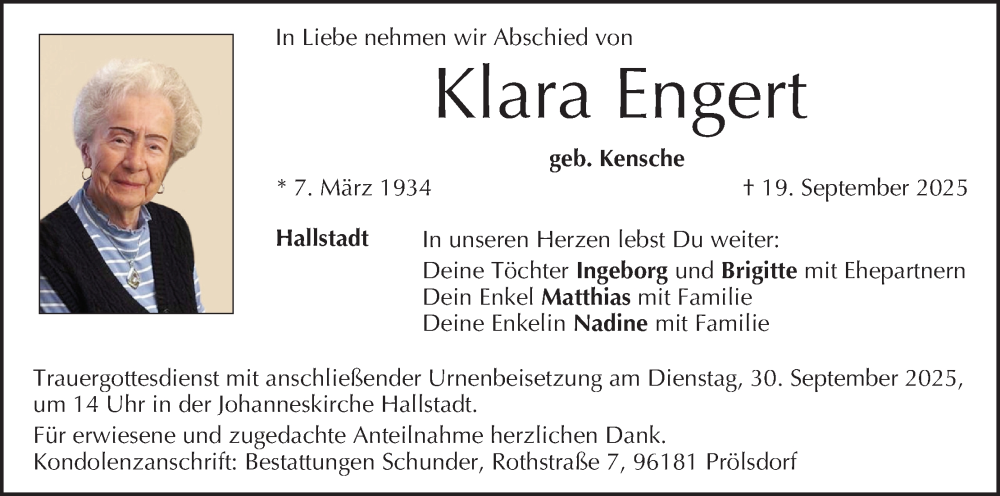  Traueranzeige für Klara Engert vom 27.09.2025 aus MGO