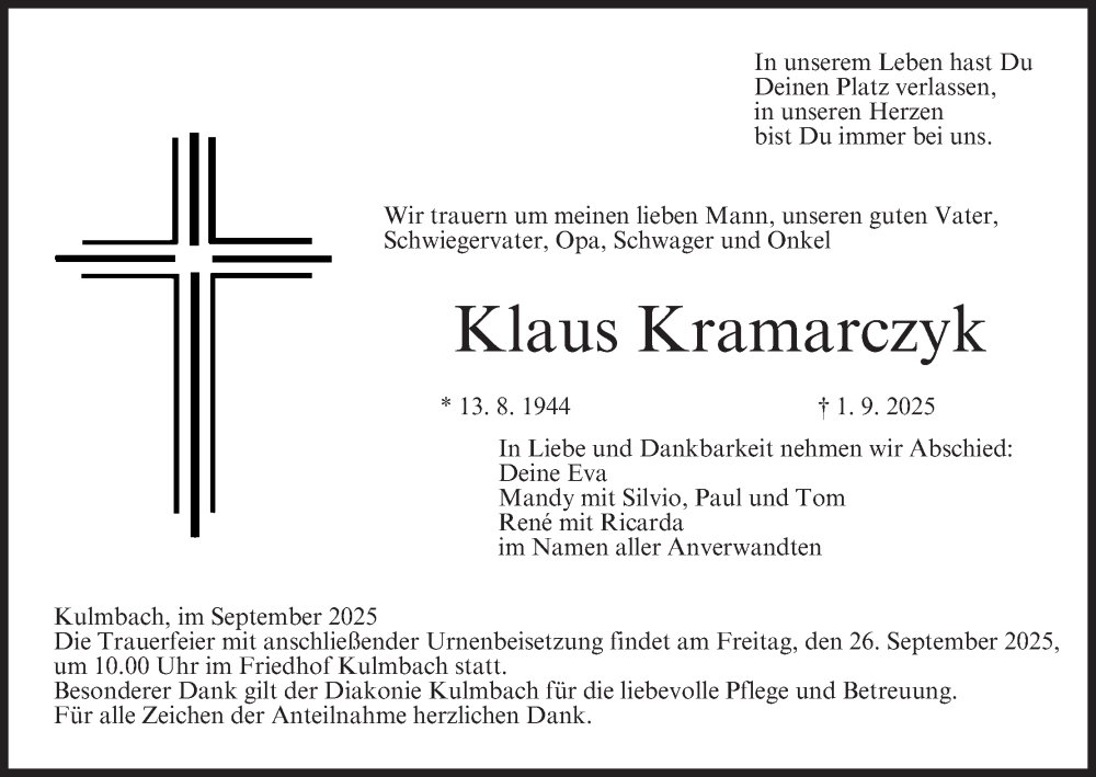  Traueranzeige für Klaus Kramarczyk vom 20.09.2025 aus MGO