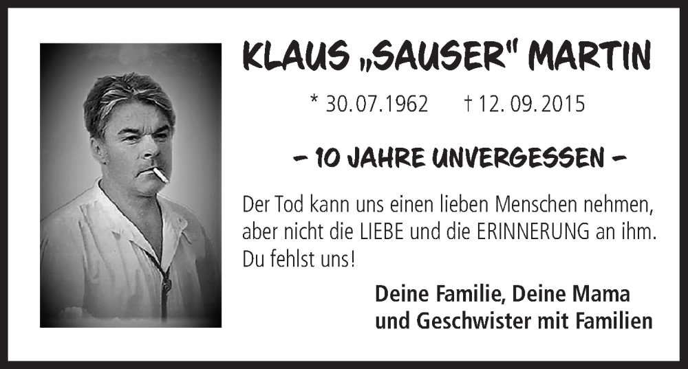  Traueranzeige für Klaus Martin vom 13.09.2025 aus MGO