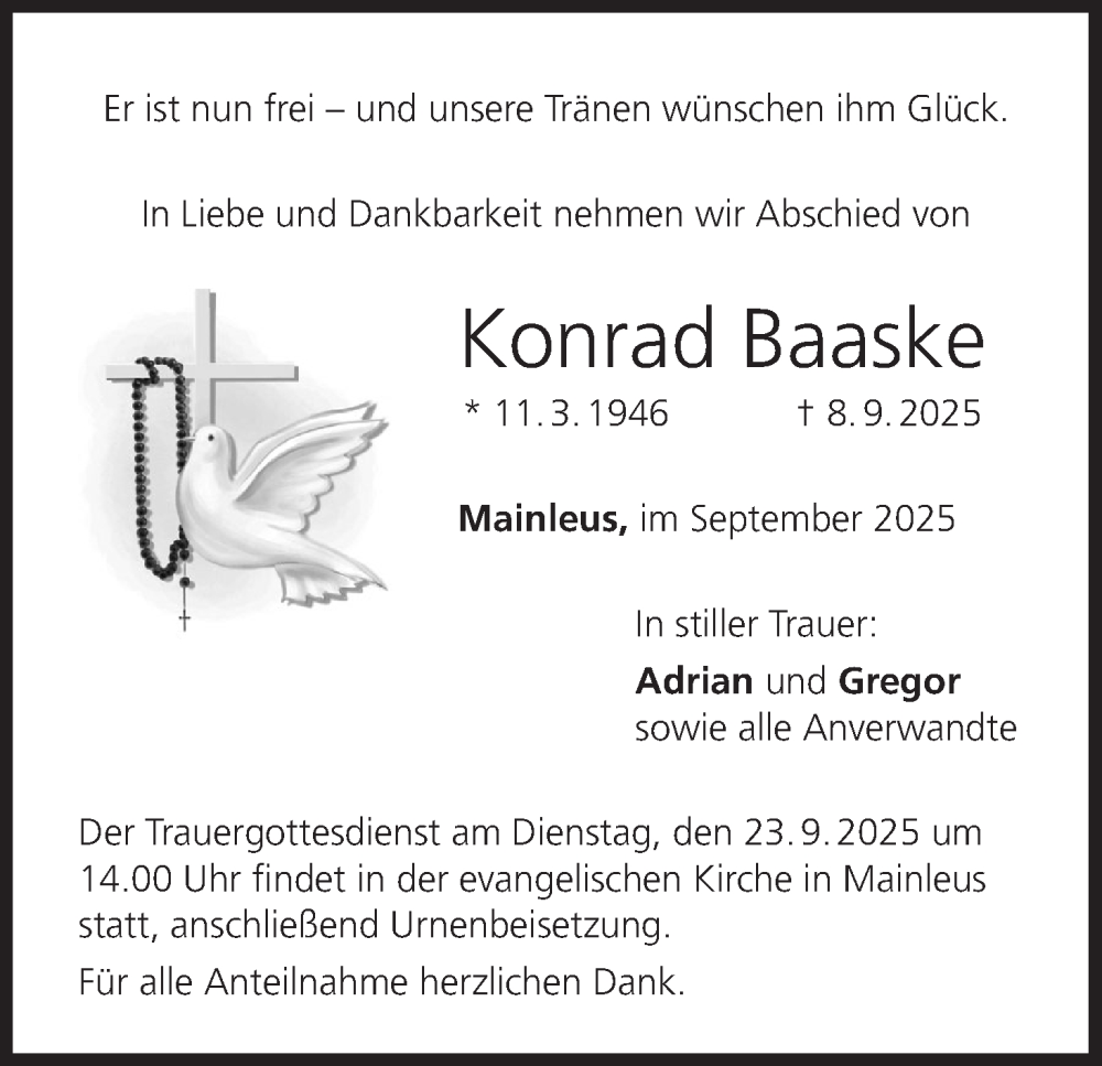  Traueranzeige für Konrad Baaske vom 20.09.2025 aus MGO