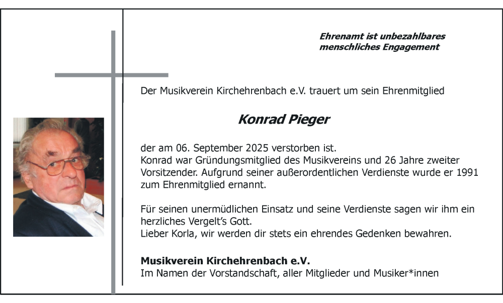  Traueranzeige für Konrad Pieger vom 10.09.2025 aus MGO