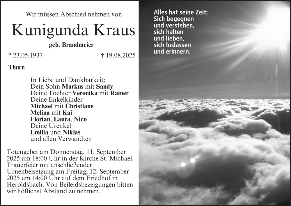  Traueranzeige für Kunigunda Kraus vom 06.09.2025 aus MGO