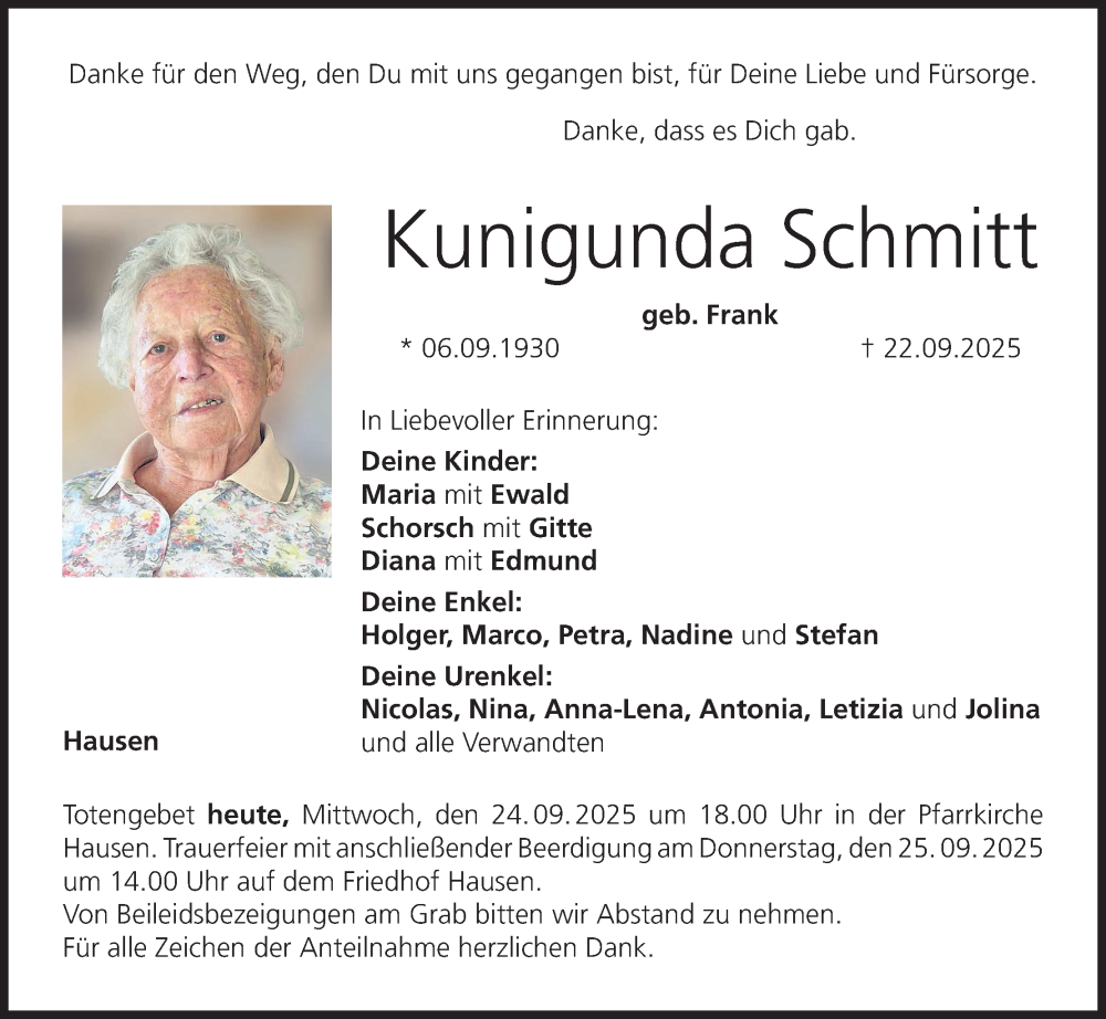  Traueranzeige für Kunigunda Schmitt vom 24.09.2025 aus MGO