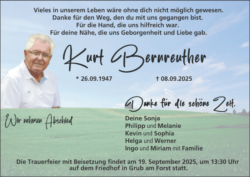  Traueranzeige für Kurt Bernreuther vom 13.09.2025 aus MGO