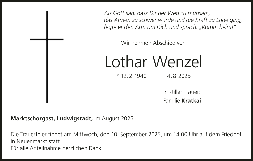  Traueranzeige für Lothar Wenzel vom 06.09.2025 aus MGO