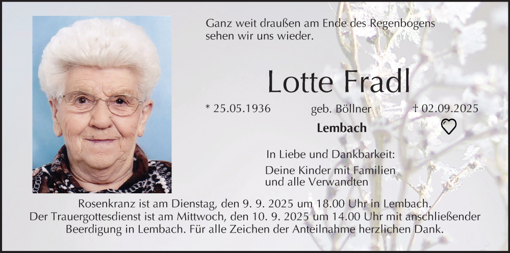  Traueranzeige für Lotte Fradl vom 06.09.2025 aus MGO