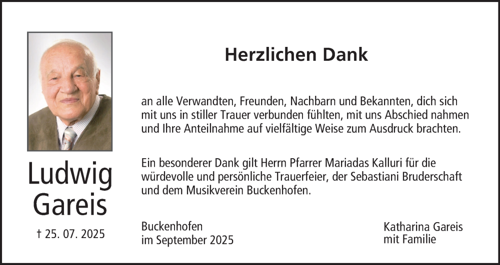  Traueranzeige für Ludwig Gareis vom 27.09.2025 aus MGO