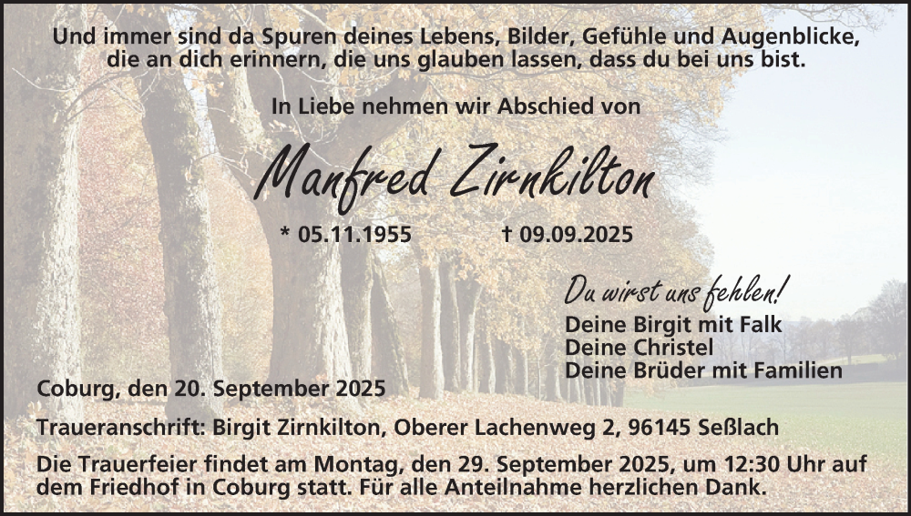  Traueranzeige für Manfred Zirnkilton vom 20.09.2025 aus MGO