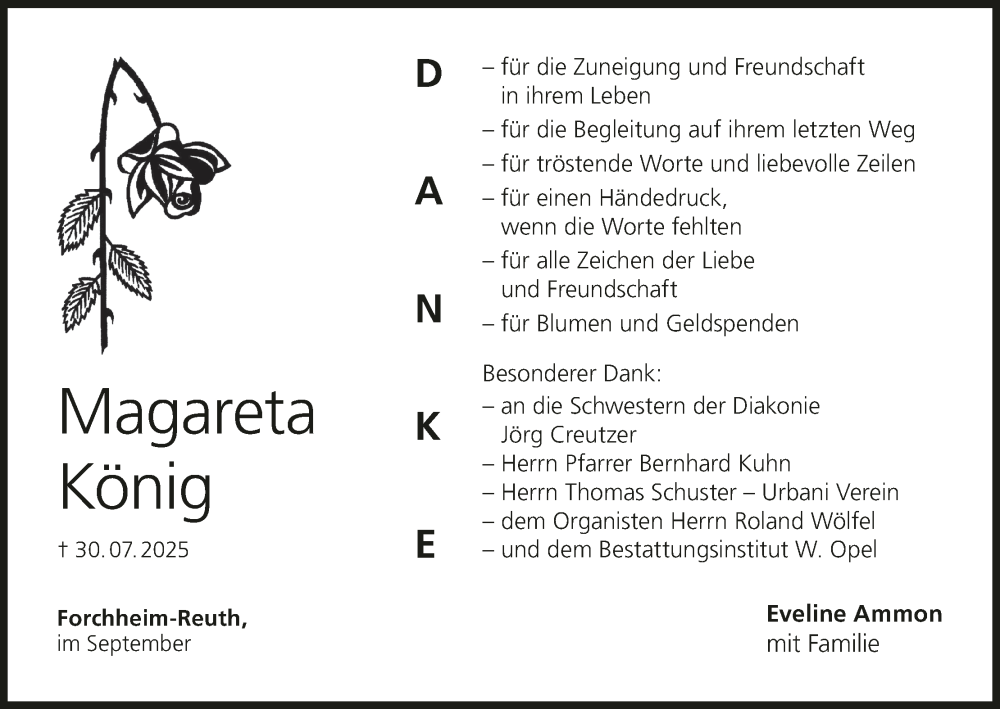  Traueranzeige für Margareta König vom 13.09.2025 aus MGO
