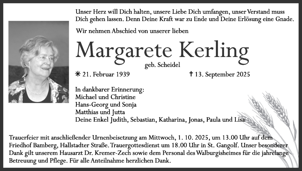  Traueranzeige für Margarete Kerling vom 27.09.2025 aus MGO