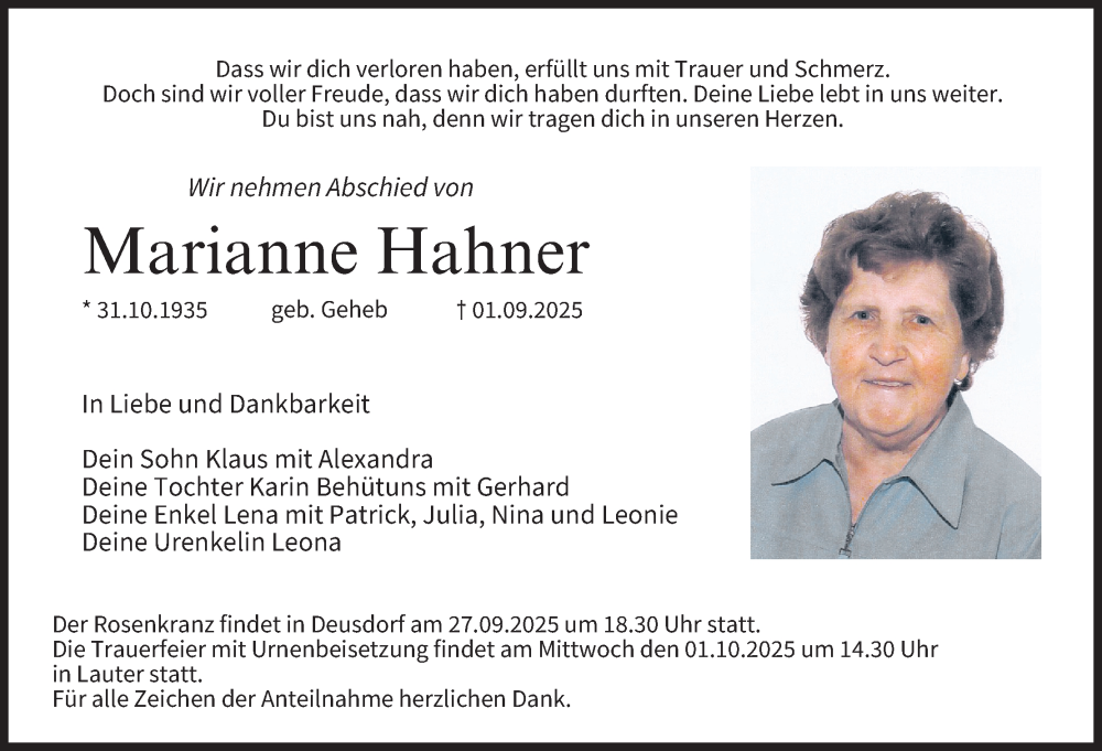  Traueranzeige für Marianne Hahner vom 27.09.2025 aus MGO