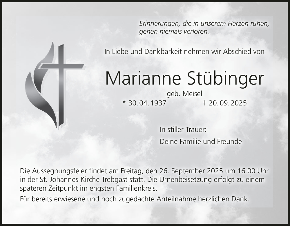  Traueranzeige für Marianne Stübinger vom 24.09.2025 aus MGO