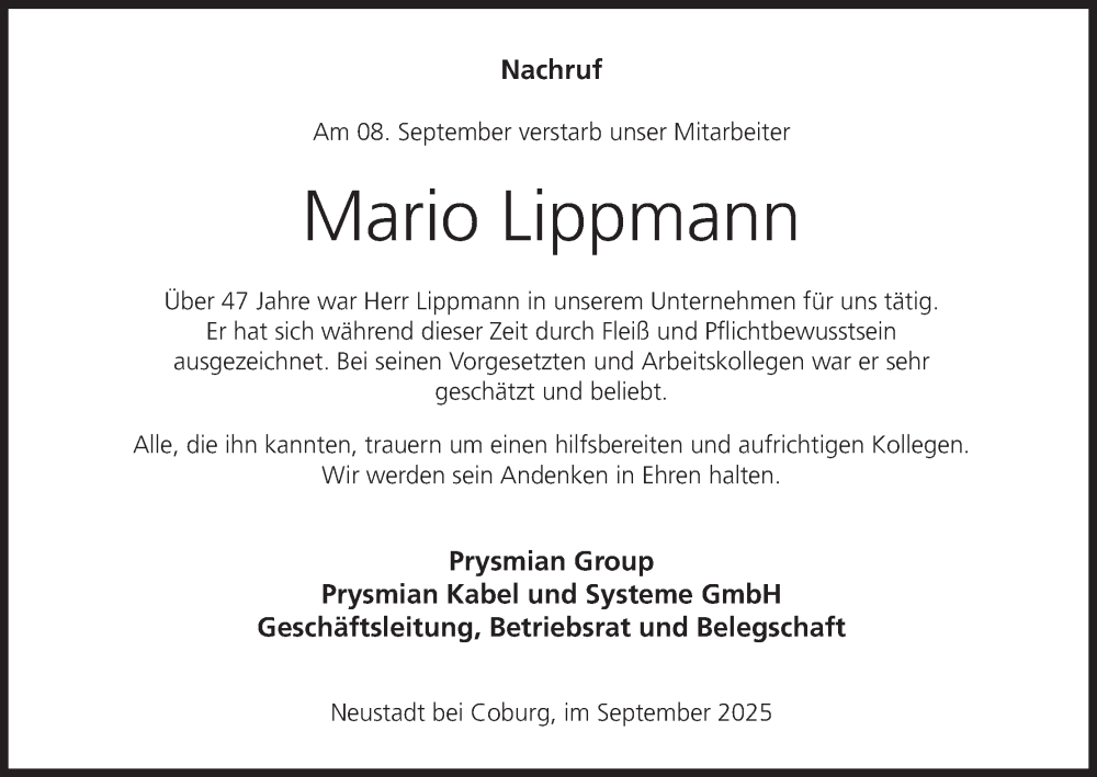  Traueranzeige für Mario Lippmann vom 29.09.2025 aus MGO