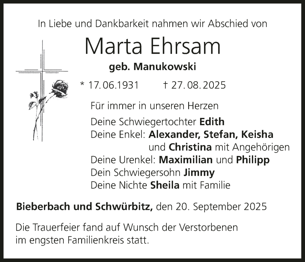  Traueranzeige für Marta Ehrsam vom 20.09.2025 aus MGO