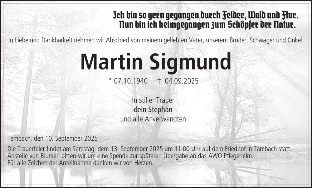  Traueranzeige für Martin Sigmund vom 10.09.2025 aus MGO