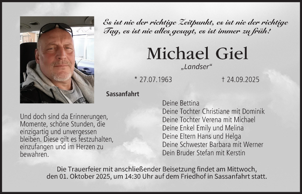  Traueranzeige für Michael Giel vom 27.09.2025 aus MGO