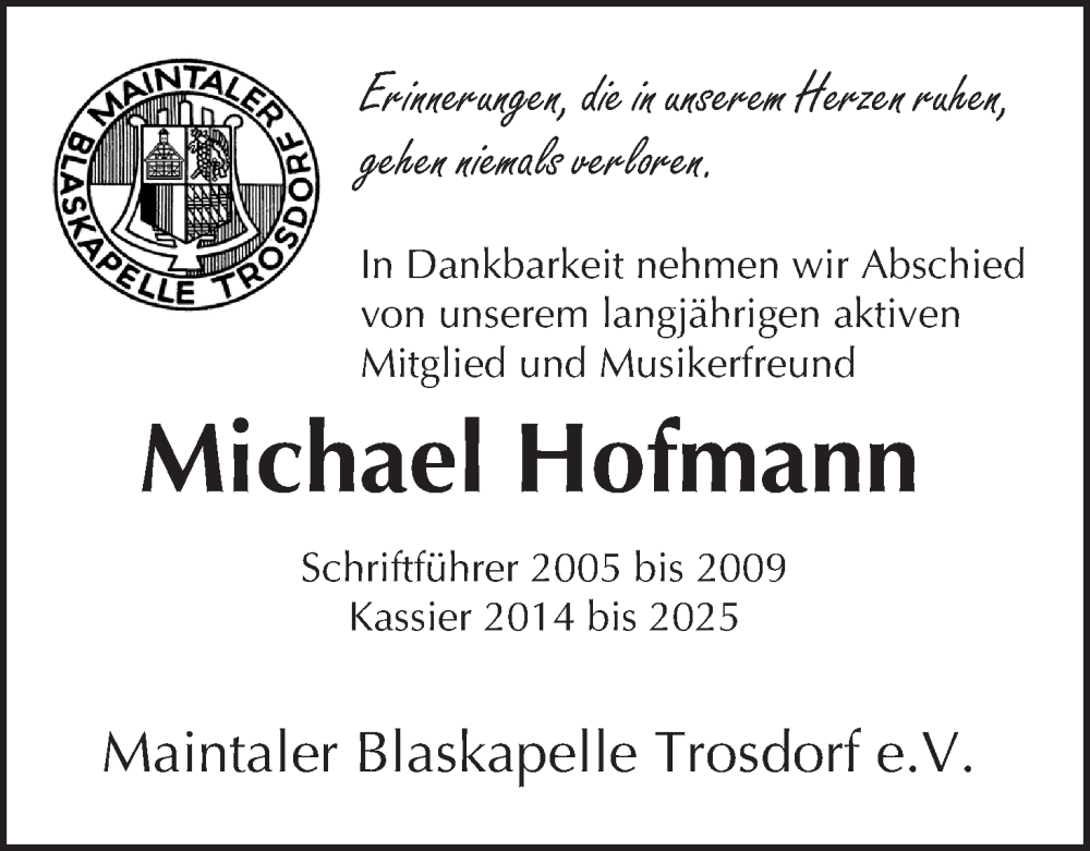  Traueranzeige für Michael Hofmann vom 25.09.2025 aus MGO