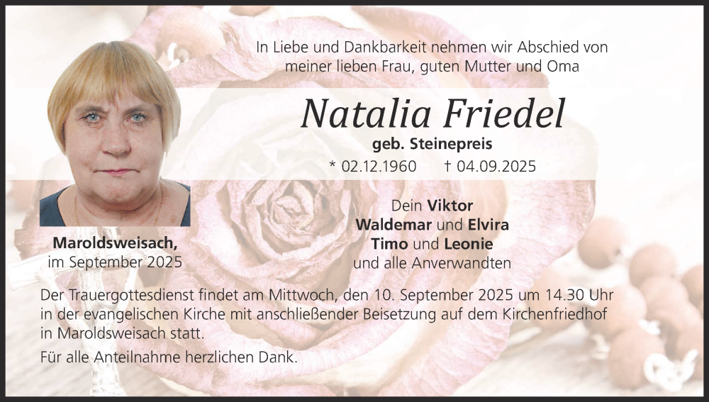  Traueranzeige für Natalia Friedel vom 09.09.2025 aus MGO